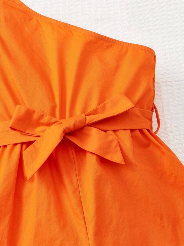 SHEIN Toddler Girls Neon Orange One Shoulder Puff Sleeve Belted Jumpsuit