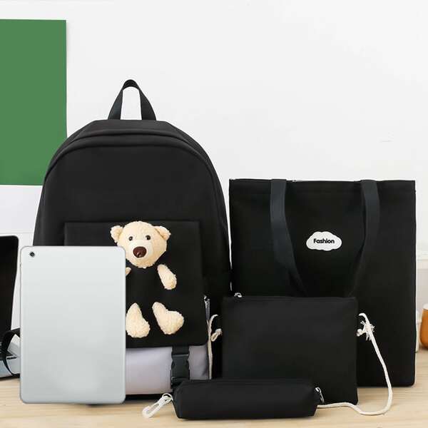 4Pcs College Style Cartoon Bear Decorated Backpack Set For Men, Suitable For Students To Go To School School Backpack Set Back To School With Lunch Bag With Pencil Bag