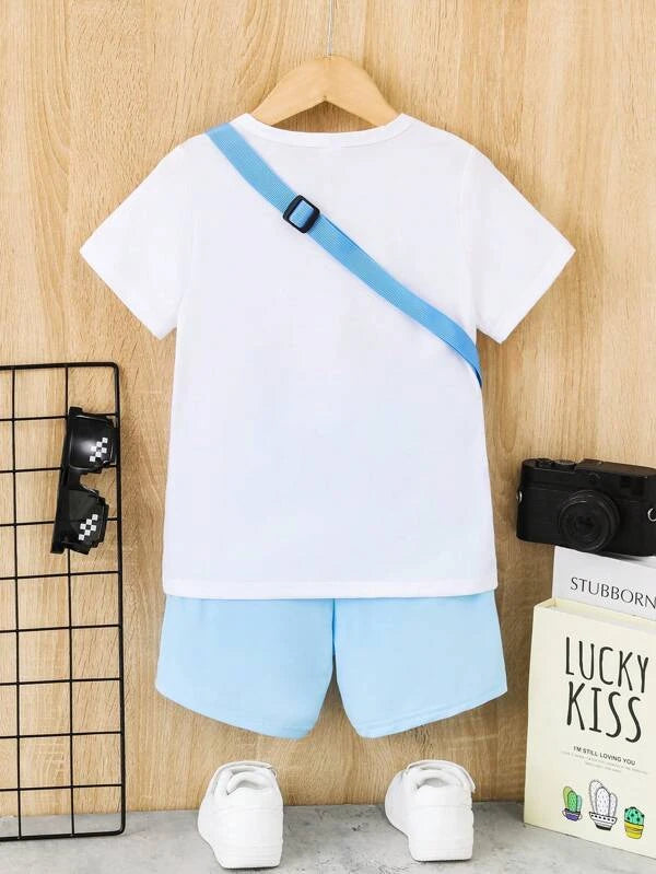 Toddler Boys Solid Tee & Cartoon Graphic Shorts & Accessory Bag