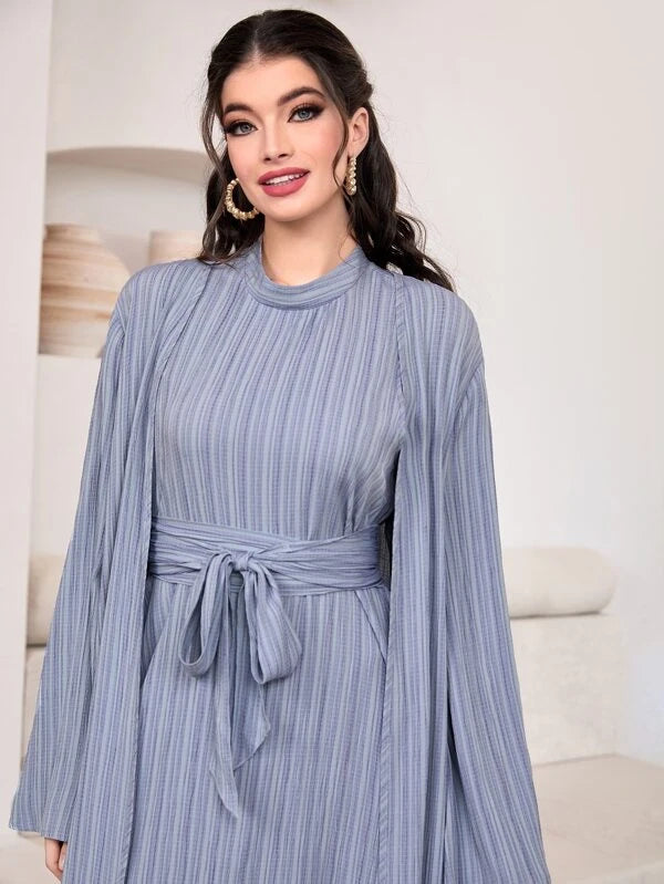 SHEIN Najma Striped Coat & Sleeveless Belted Dress