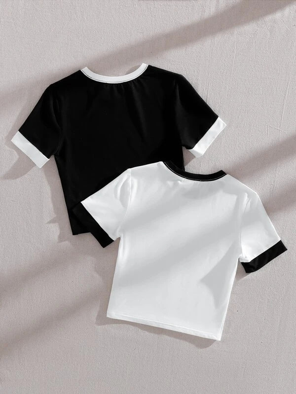 SHEIN EZwear 2pcs Solid Contrast Binding Tee