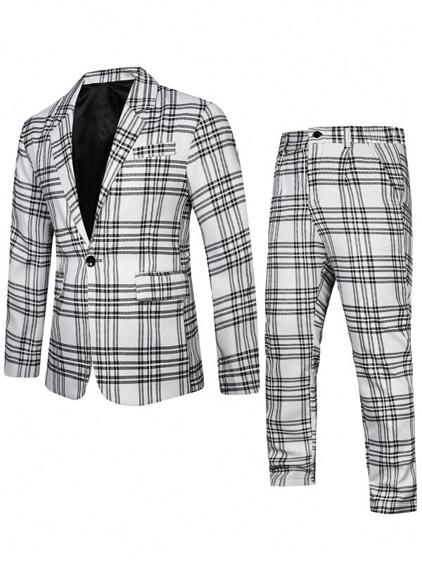 Men Tartan Single Button Blazer & Pants