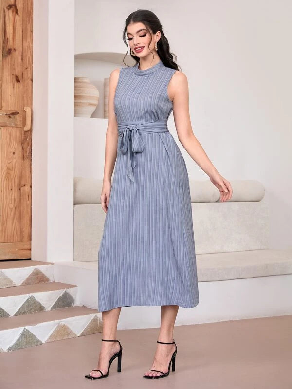 SHEIN Najma Striped Coat & Sleeveless Belted Dress