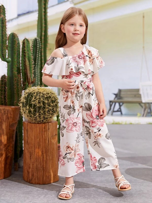 SHEIN Kids SUNSHNE Toddler Girls Floral Print Asymmetrical Neck Ruffle Trim Belted Jumpsuit