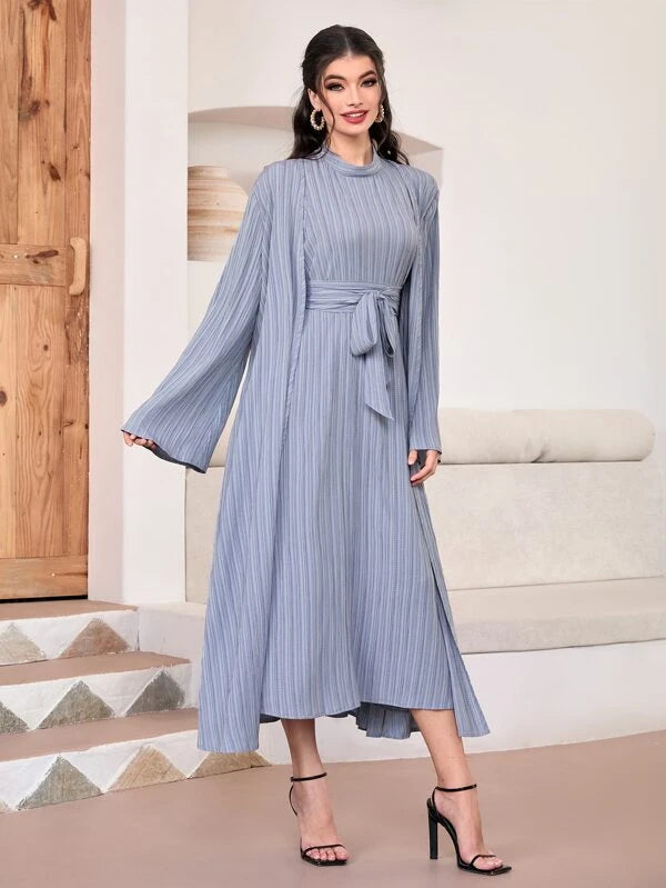 SHEIN Najma Striped Coat & Sleeveless Belted Dress