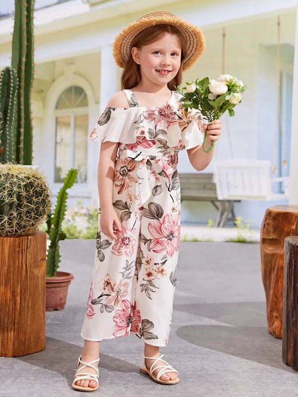 SHEIN Kids SUNSHNE Toddler Girls Floral Print Asymmetrical Neck Ruffle Trim Belted Jumpsuit