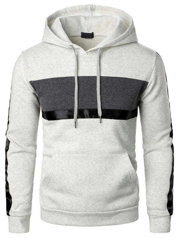 Men Contrast Panel Kangaroo Pocket Drawstring Hoodie