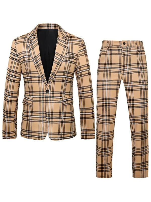 Men Tartan Single Button Blazer & Pants