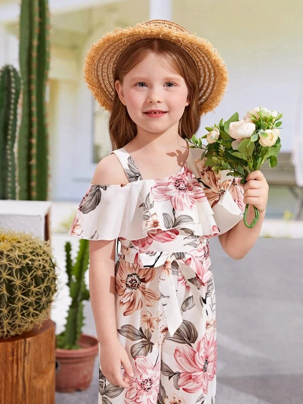 SHEIN Kids SUNSHNE Toddler Girls Floral Print Asymmetrical Neck Ruffle Trim Belted Jumpsuit