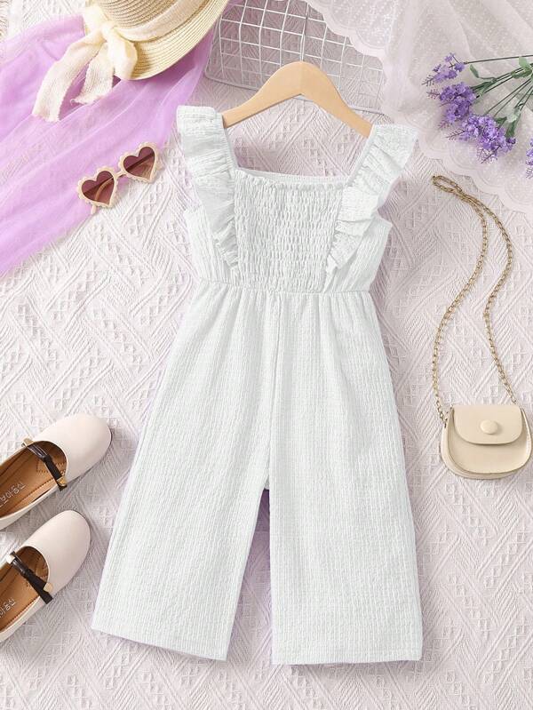 SHEIN Kids CHARMNG Young Girl Ruffle Trim Square Neck Wide Leg Jumpsuit