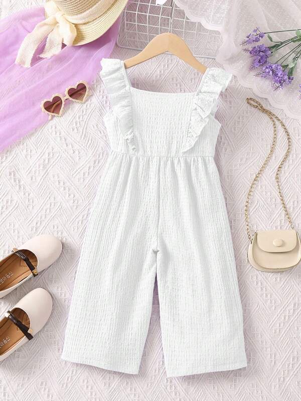 SHEIN Kids CHARMNG Young Girl Ruffle Trim Square Neck Wide Leg Jumpsuit