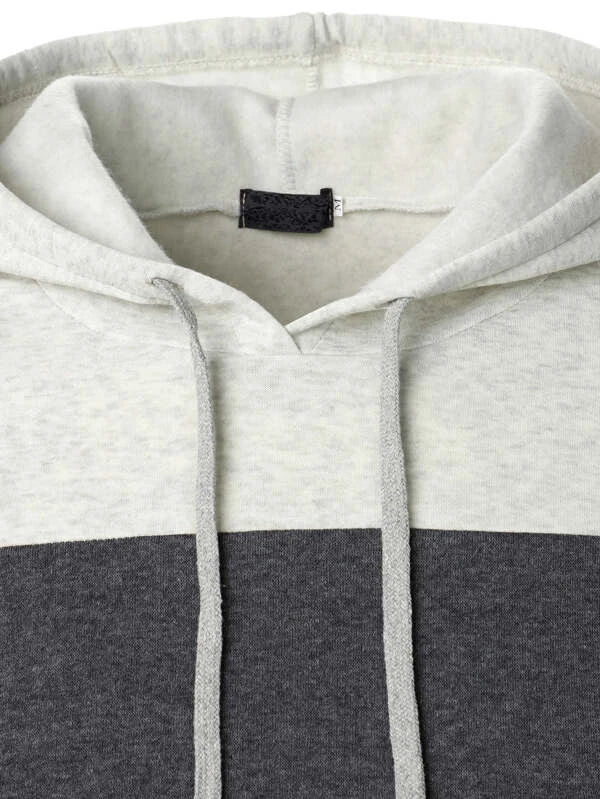 Men Contrast Panel Kangaroo Pocket Drawstring Hoodie