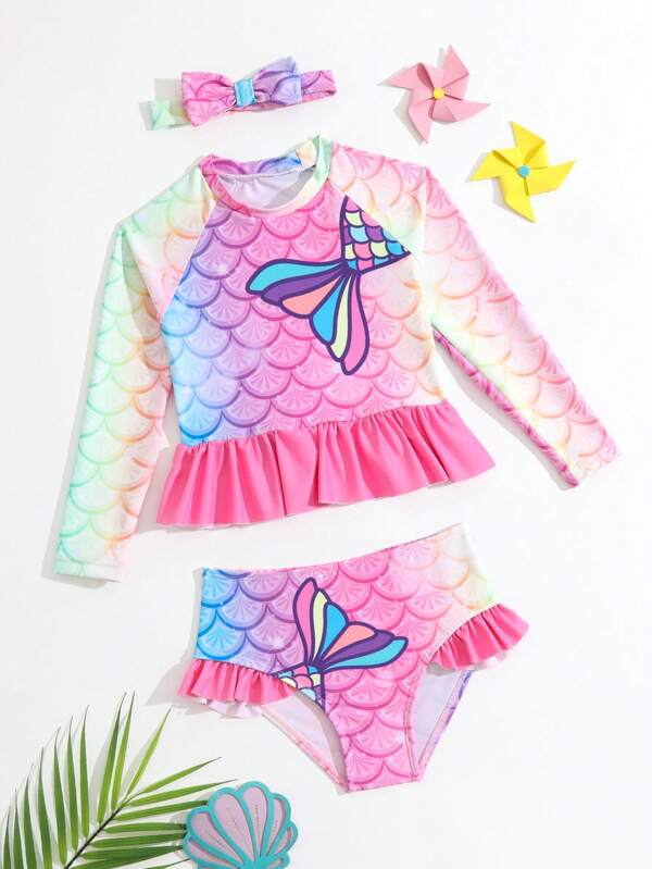 SHEIN Kids SUNSHNE Toddler Girls Fish Scales & Mermaid Print Ruffle Hem Tankini Swimsuit & Headband