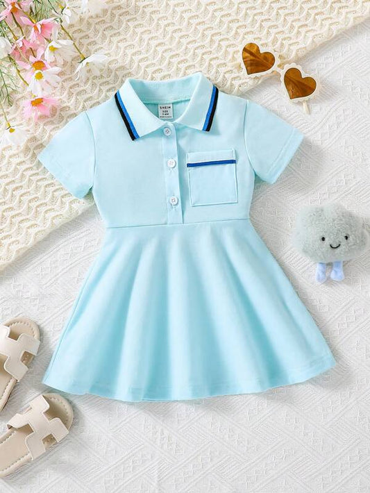 Baby Girl Contrast Trim Pocket Patched Dress