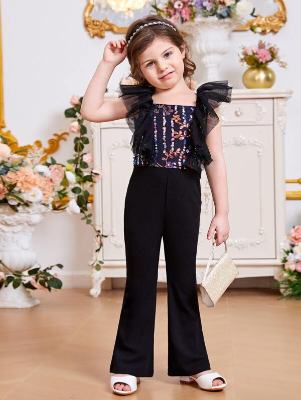 SHEIN Kids CHARMNG Toddler Girls Sequin Plants Pattern Ruffle Trim Flare Leg Jumpsuit