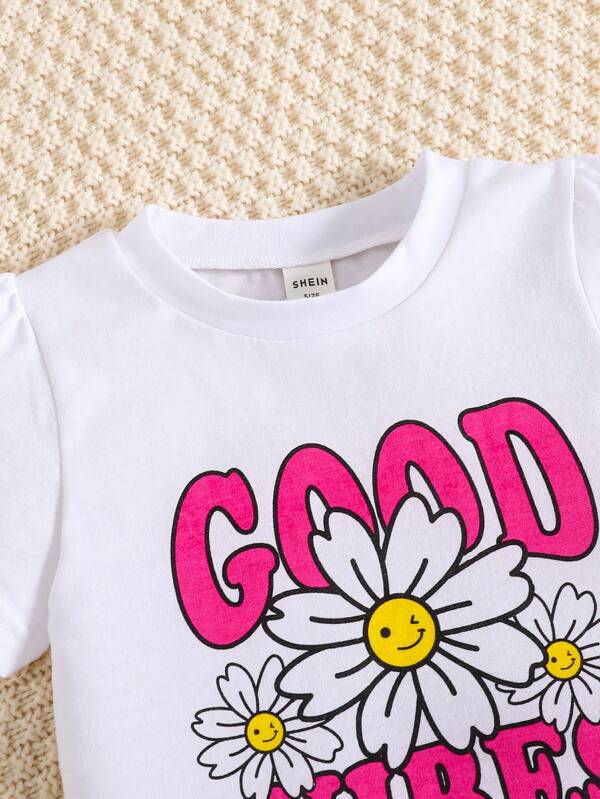 SHEIN Kids Y2Kool Toddler Girls Floral & Letter Graphic Tee & Ruffle Trim Skirt