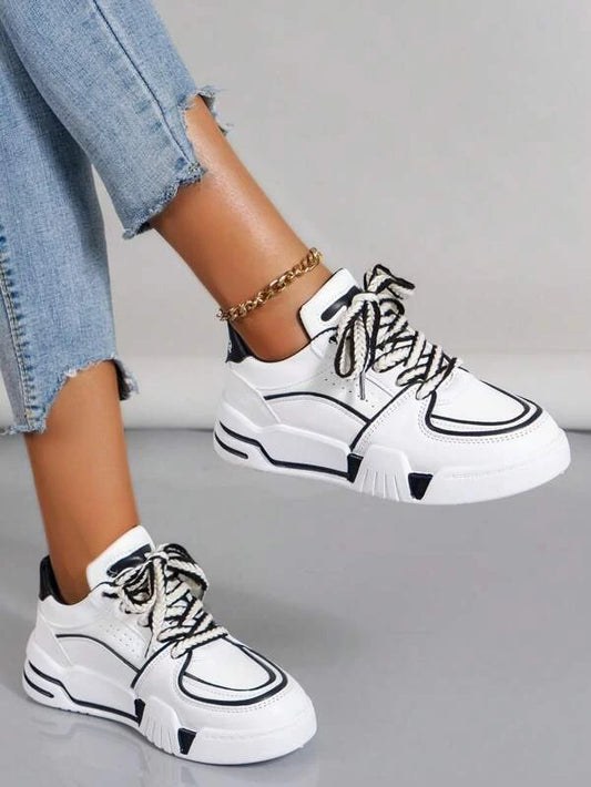 Women Two Tone Skate Shoes, Lace-up Front Sporty Sneakers