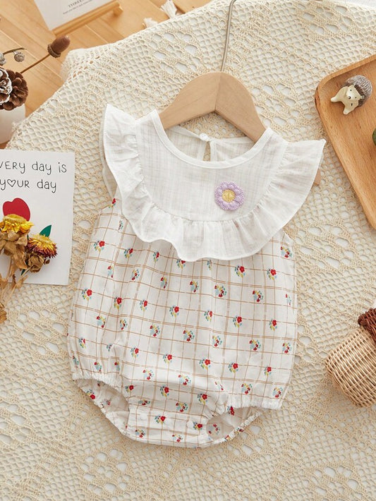 Peninsula Baby Baby Plaid & Floral Print Ruffle Trim Bodysuit