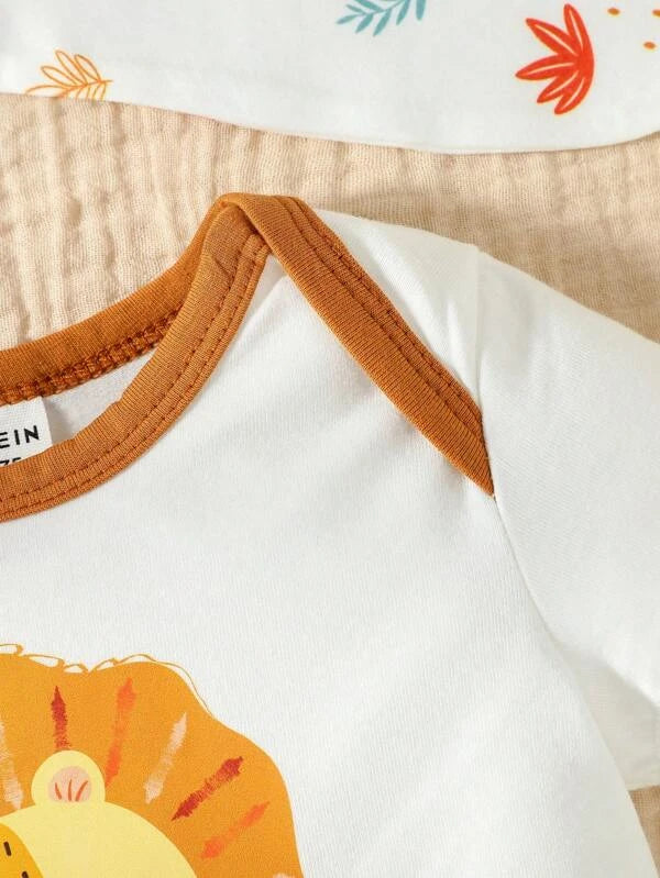 Baby Lion Print Contrast Binding Bodysuit & Shorts & Accessory Hat & Bib & Gloves
