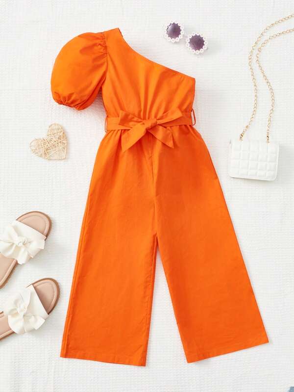 SHEIN Toddler Girls Neon Orange One Shoulder Puff Sleeve Belted Jumpsuit