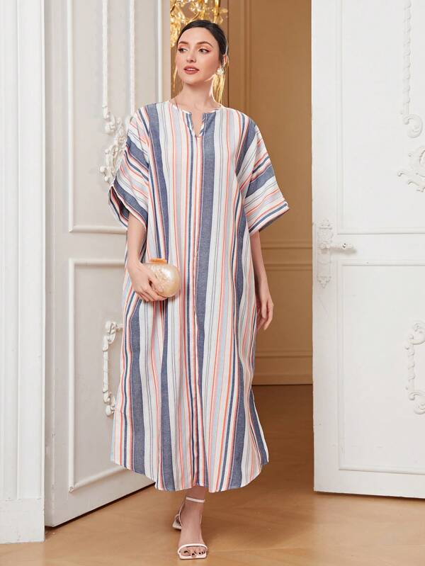 SHEIN Mulvari Striped Print Notched Neckline Batwing Sleeve Kaftan