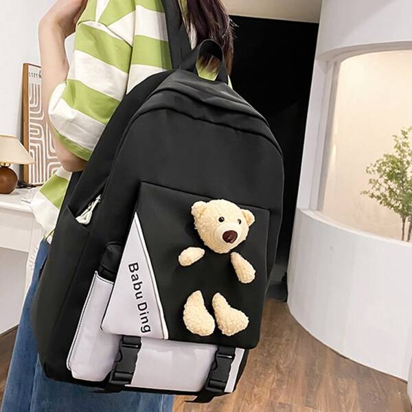 4Pcs College Style Cartoon Bear Decorated Backpack Set For Men, Suitable For Students To Go To School School Backpack Set Back To School With Lunch Bag With Pencil Bag