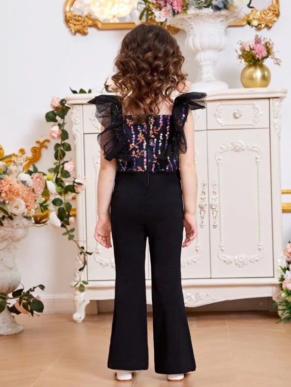 SHEIN Kids CHARMNG Toddler Girls Sequin Plants Pattern Ruffle Trim Flare Leg Jumpsuit