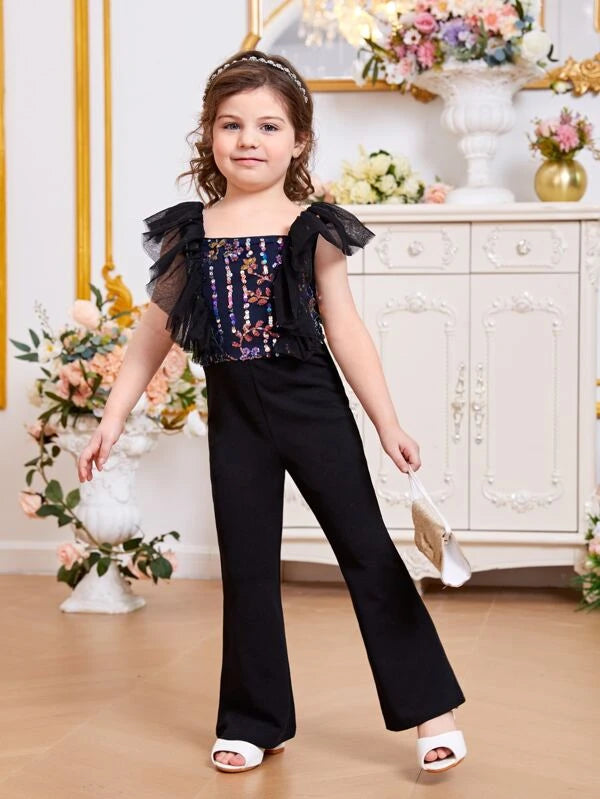 SHEIN Kids CHARMNG Toddler Girls Sequin Plants Pattern Ruffle Trim Flare Leg Jumpsuit