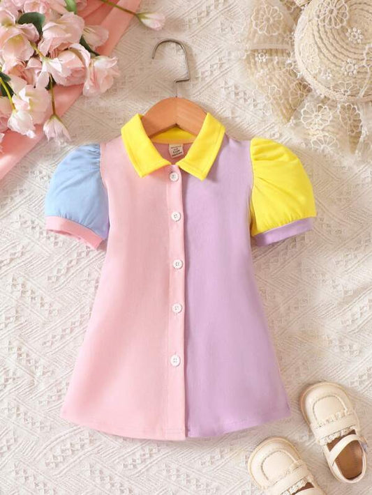 SHEIN Baby Fun & Cute Casual Color Block Shirt Dress For Summer Dopamine Outfit
