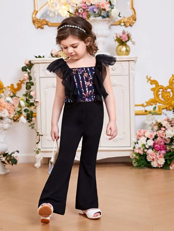 SHEIN Kids CHARMNG Toddler Girls Sequin Plants Pattern Ruffle Trim Flare Leg Jumpsuit