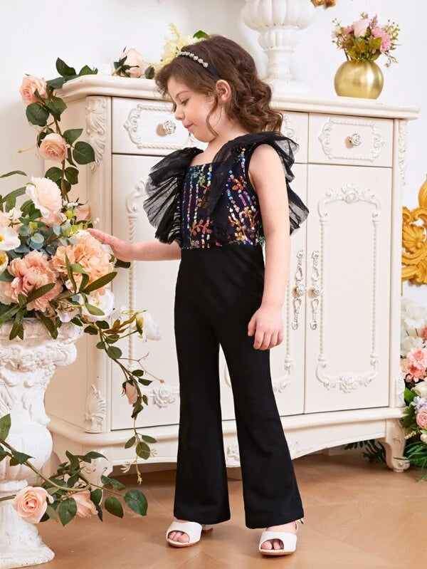 SHEIN Kids CHARMNG Toddler Girls Sequin Plants Pattern Ruffle Trim Flare Leg Jumpsuit