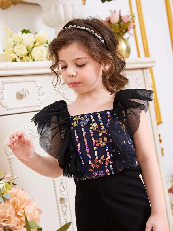 SHEIN Kids CHARMNG Toddler Girls Sequin Plants Pattern Ruffle Trim Flare Leg Jumpsuit