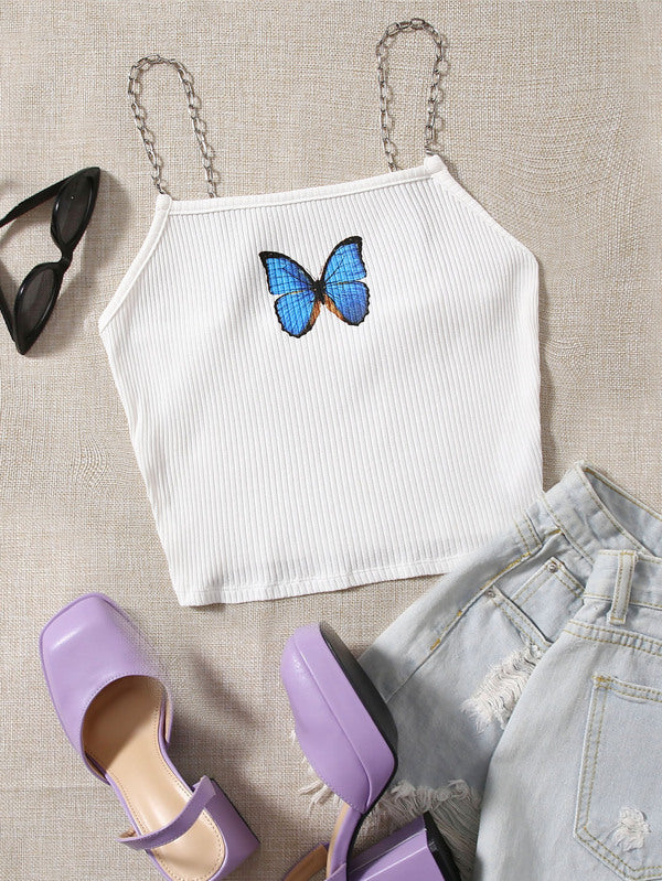 SHEIN Qutie Chain Detail Butterfly Print Cami Top