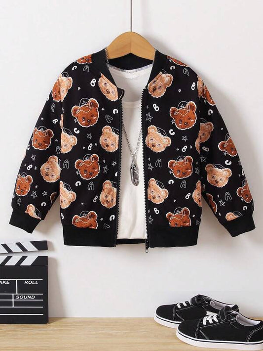 Young Boy Bear Print Bomber Jacket Without Tee