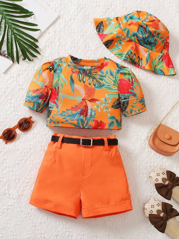 Young Girl Tropical Print Puff Sleeve Top & Shorts