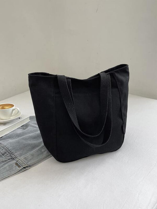 Solid Black Canvas Large Capacity Versatile Simple Handheld Tote Bag