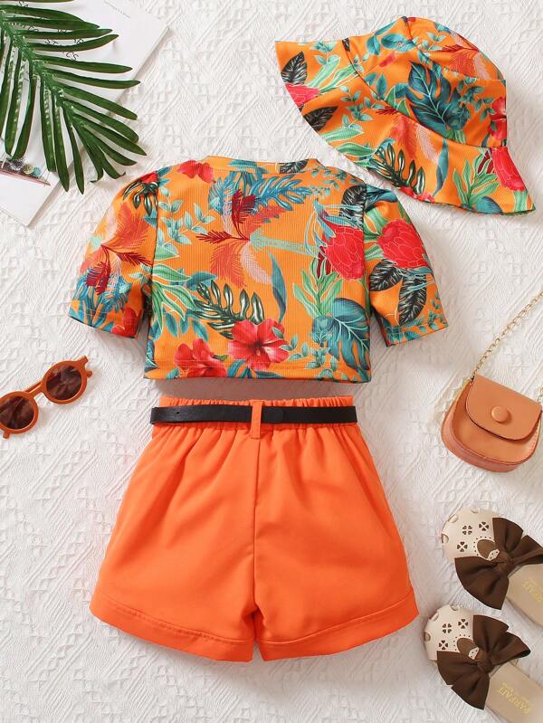 Young Girl Tropical Print Puff Sleeve Top & Shorts