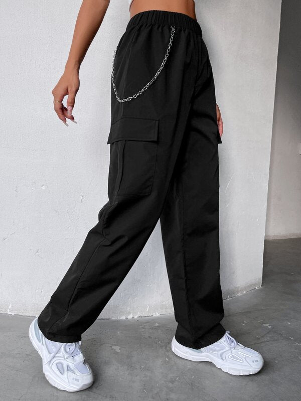 SHEIN Coolane Elastic Waist Cargo Pants With Chain