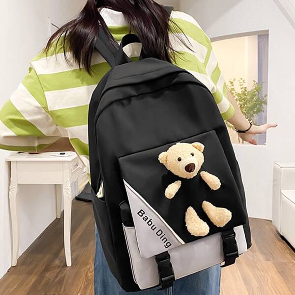 4Pcs College Style Cartoon Bear Decorated Backpack Set For Men, Suitable For Students To Go To School School Backpack Set Back To School With Lunch Bag With Pencil Bag