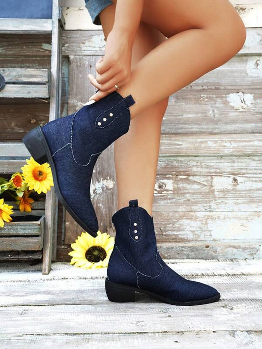 Fashionable Women's Low Chunky Heel Over Ankle Cowboy Pointed Toe Short Boots