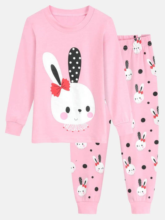 Toddler Girls Rabbit Print Tee & Polka Dot Pants Snug Fit PJ Set