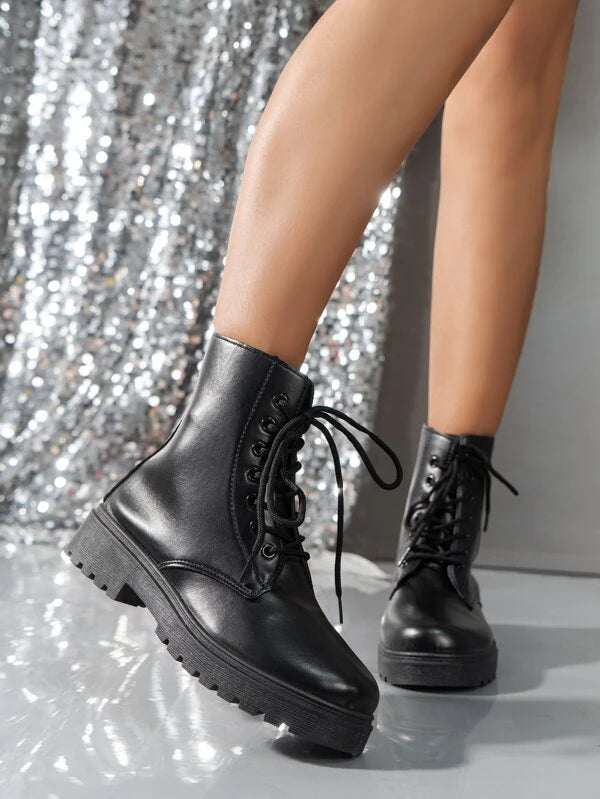 Women Lace Up Front Boots, Cool Black Combat Boots