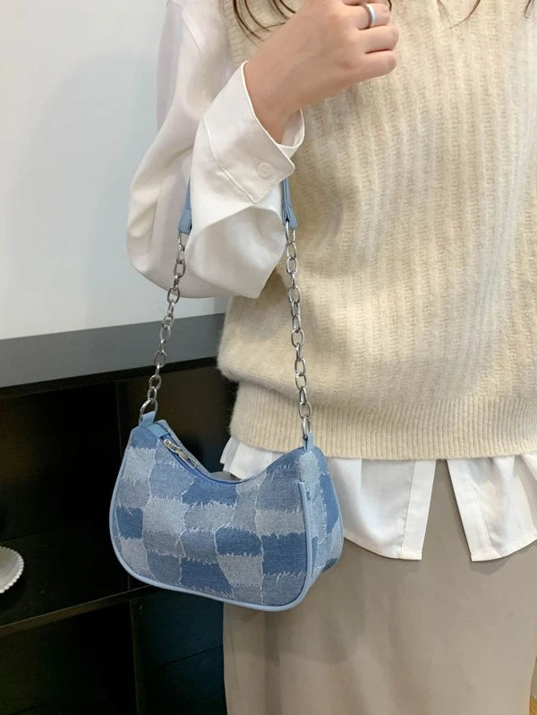 Geometric Pattern Chain Decor Denim Baguette Bag