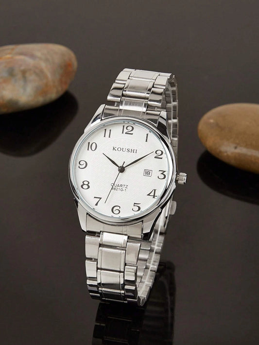 1pc Men Silver Zinc Alloy Strap Business Date Water Resistant Round Dial Quartz Watch, For Daily Life