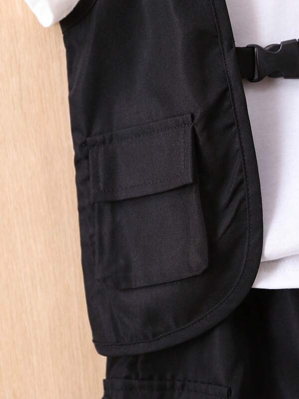 Baby Flap Pocket Buckle Detail Vest Jacket & Cargo Pants Without Tee