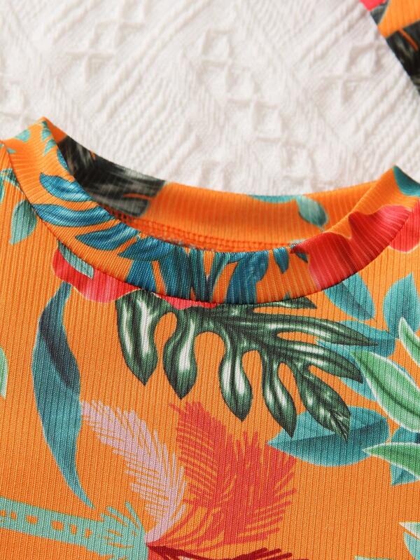 Young Girl Tropical Print Puff Sleeve Top & Shorts