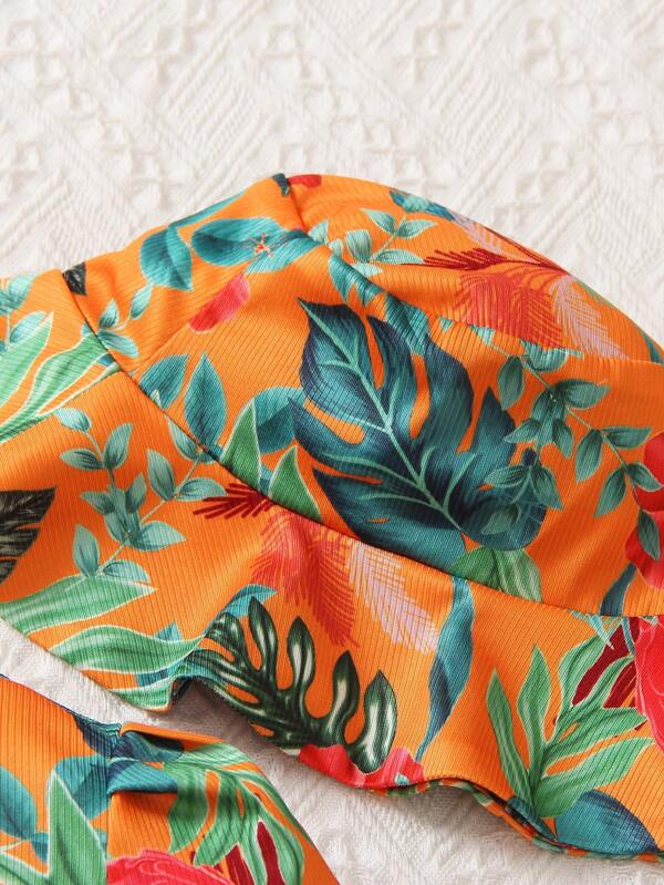 Young Girl Tropical Print Puff Sleeve Top & Shorts