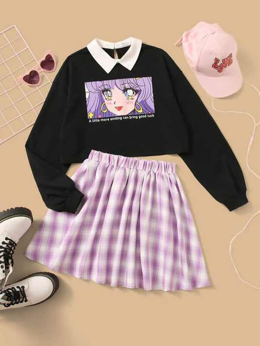 SHEIN Teen Girls Figure Graphic Contrast Collar Sweatshirt & Tartan Skirt