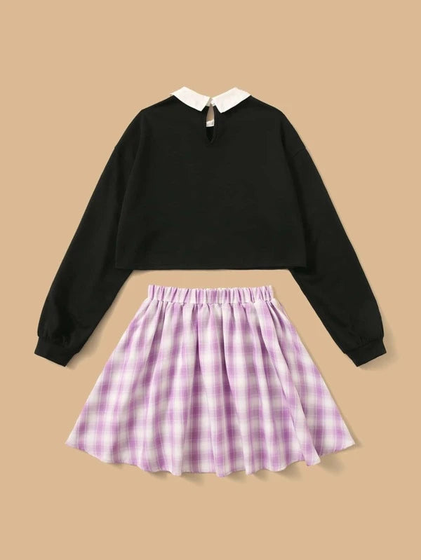 SHEIN Teen Girls Figure Graphic Contrast Collar Sweatshirt & Tartan Skirt