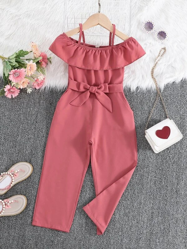 Toddler Girls Cold Shoulder Belted Jumpsuit Without Bag